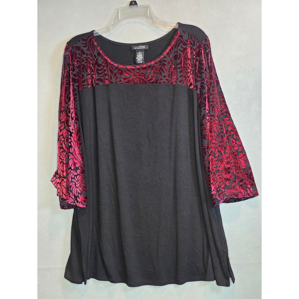AnyWear by Catherines Womens 1X Tunic Top Black Red Velvet Burnout Floral 18/20W